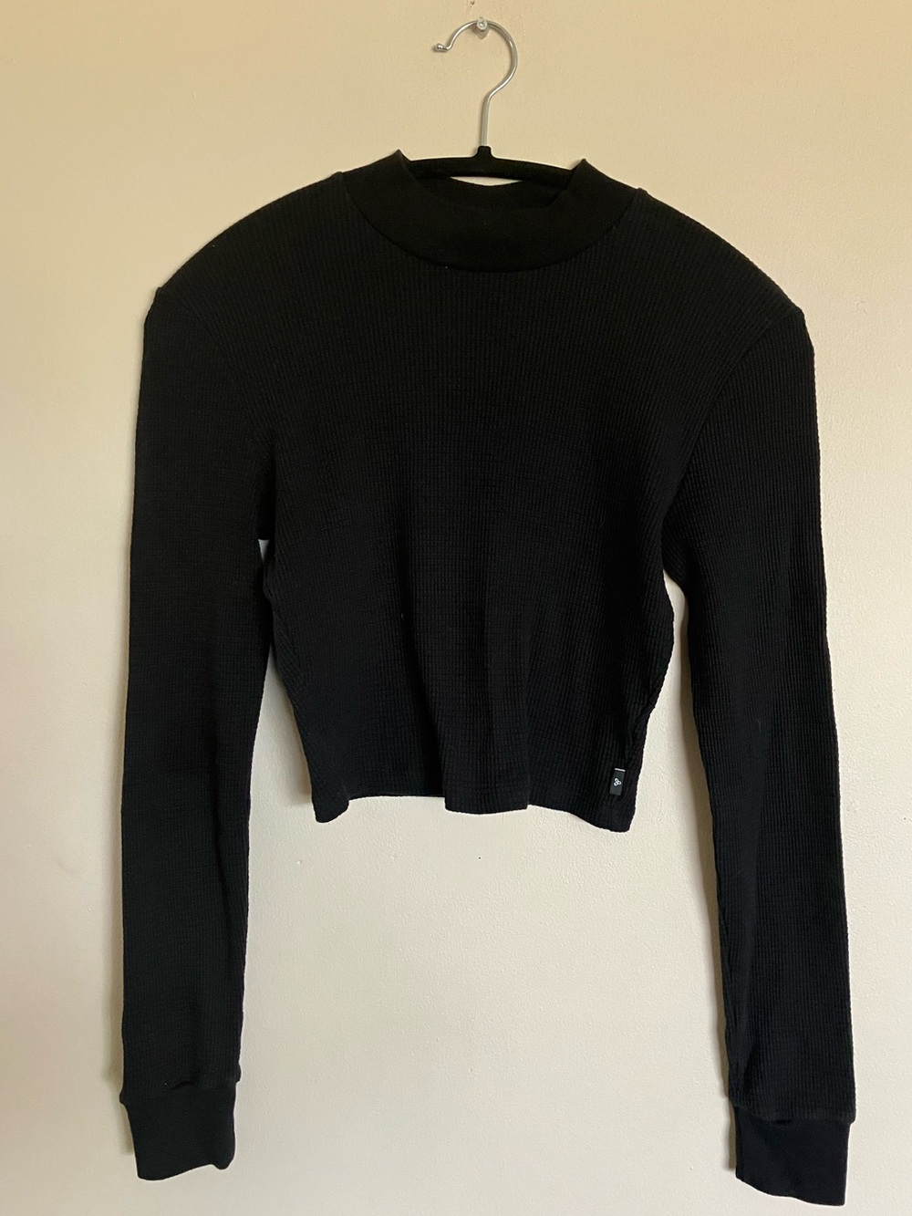 Black waffle Mock Neck Long Sleeve crop Top